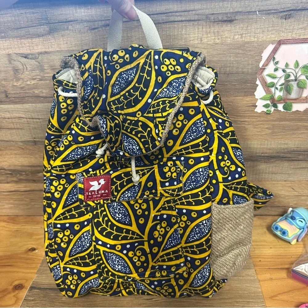 Taaluma Travel the world backpack Ivory Coast burlap African textile